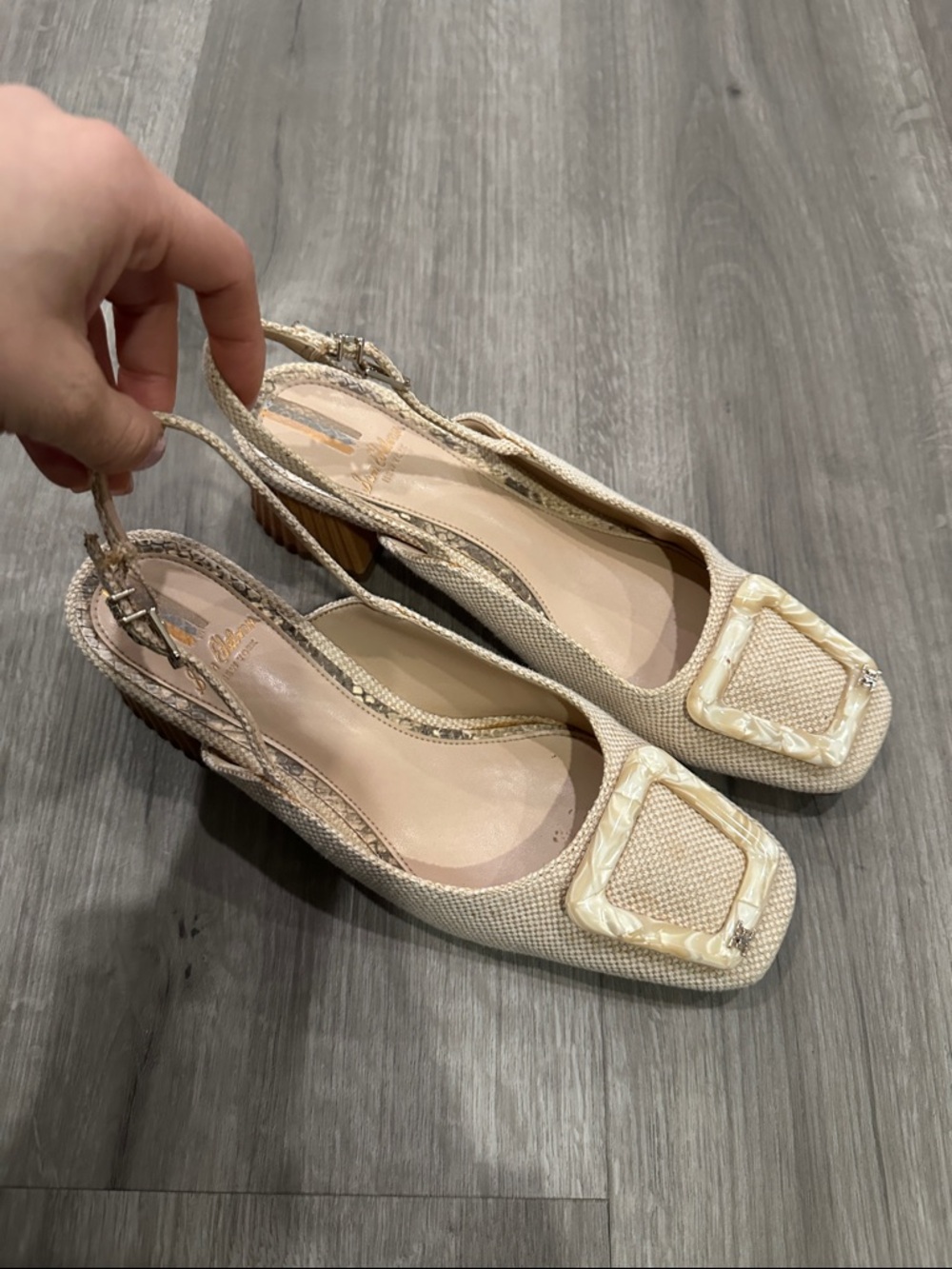Gently Worn - ‘Tanessa’ Block Heel Slingback - Tan Linen